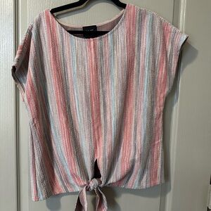W5 Pink and Gray Striped Tie-Front Top Beachy Vacation Casual